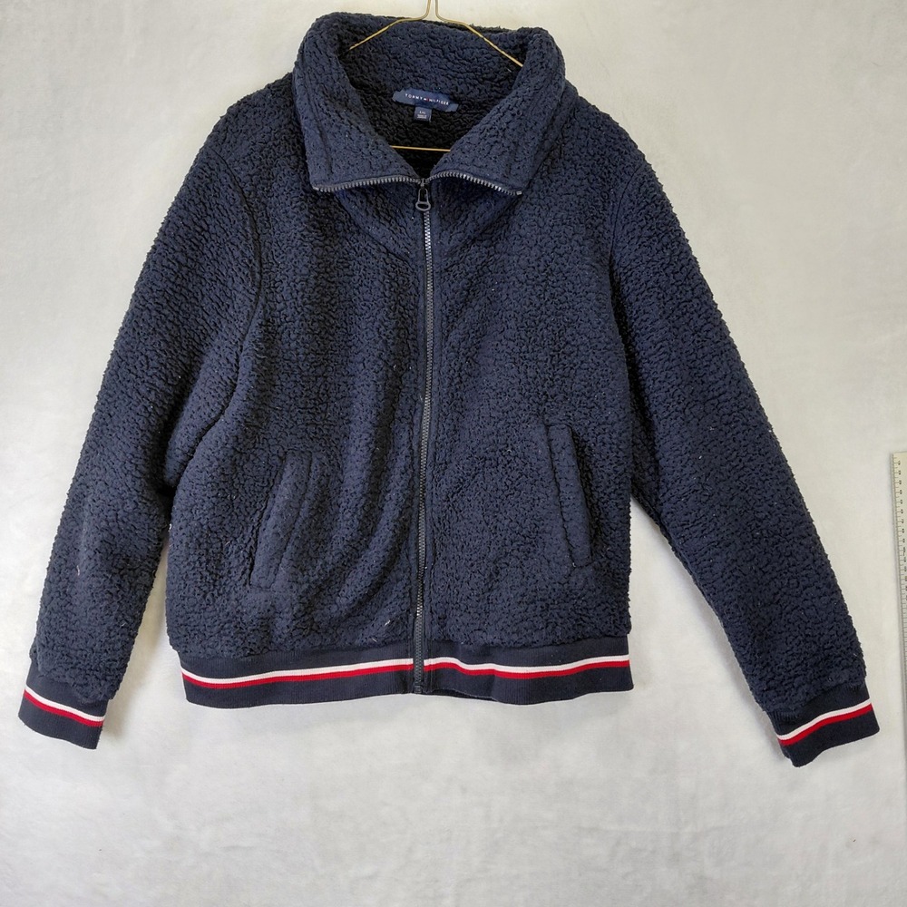 Tommy Hilfiger Navy Blue Sherpa Fleece Full Zip Jacket Womens Large Striped Trim